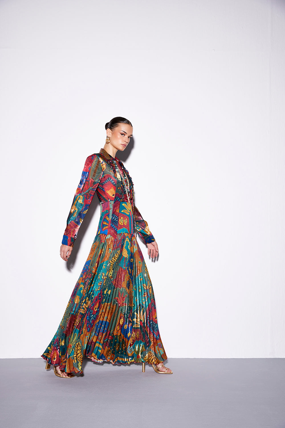pleated maxi dress india Firoza A-Line Pleated Satin Indian Traditional Blue Tunic Dress