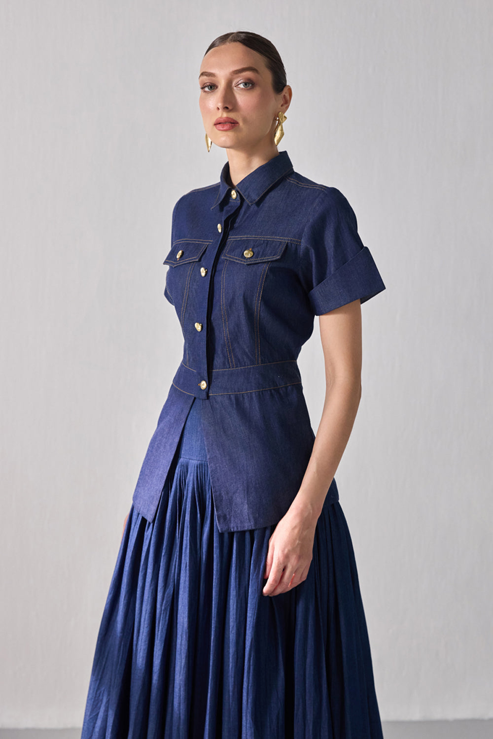 denim safari dress Indigo Cotton Denim Button-Down Short Safari Dress 56" / Custom Height (Free)