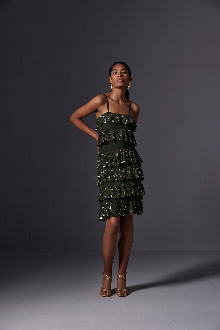Olive Cascade Short Dress