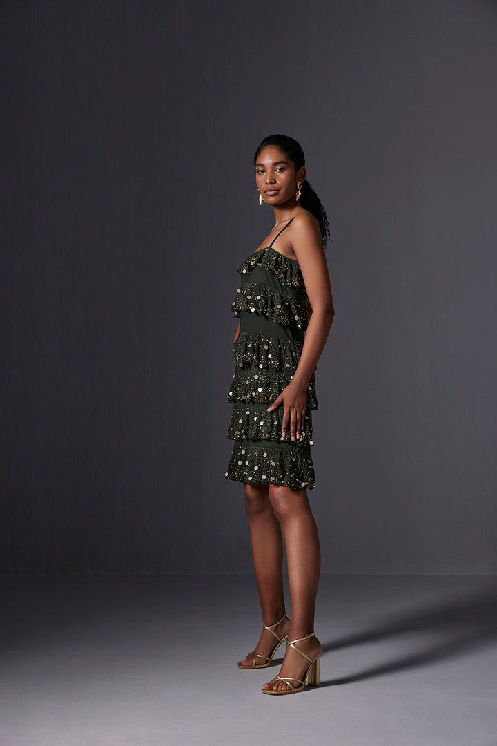 Olive Cascade Short Dress