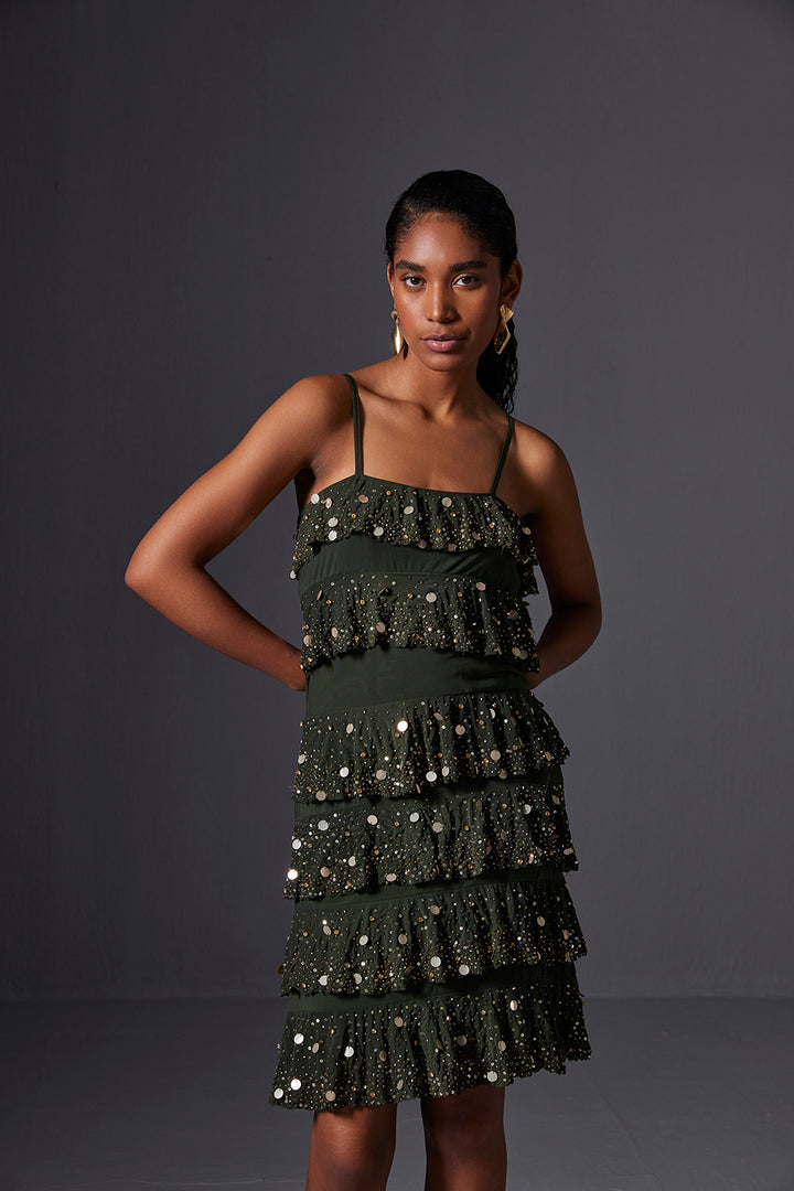 Olive Cascade Short Dress