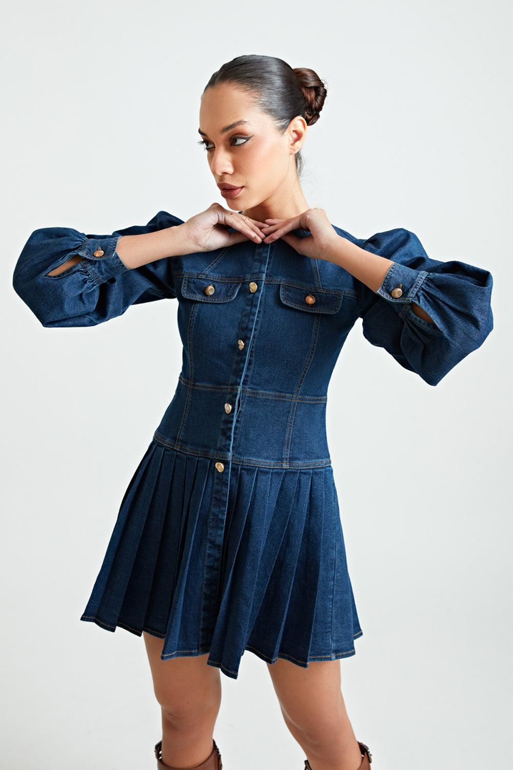 Denim Pleated Dress with Golden Buttons - ANI CLOTHING