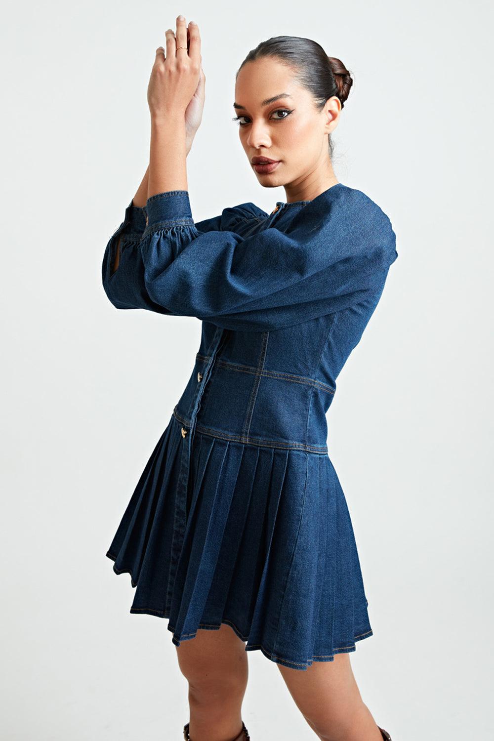 Denim Pleated Dress with Golden Buttons - ANI CLOTHING