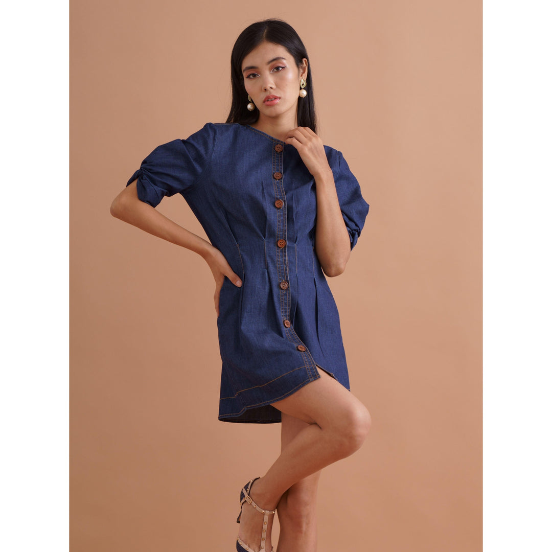 Blue Denim Pleated Dress - ANI CLOTHING