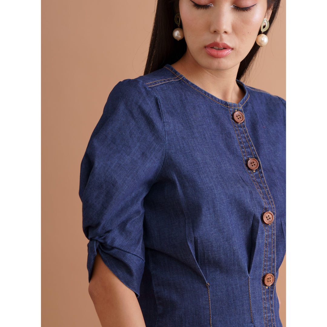 Blue Denim Pleated Dress - ANI CLOTHING