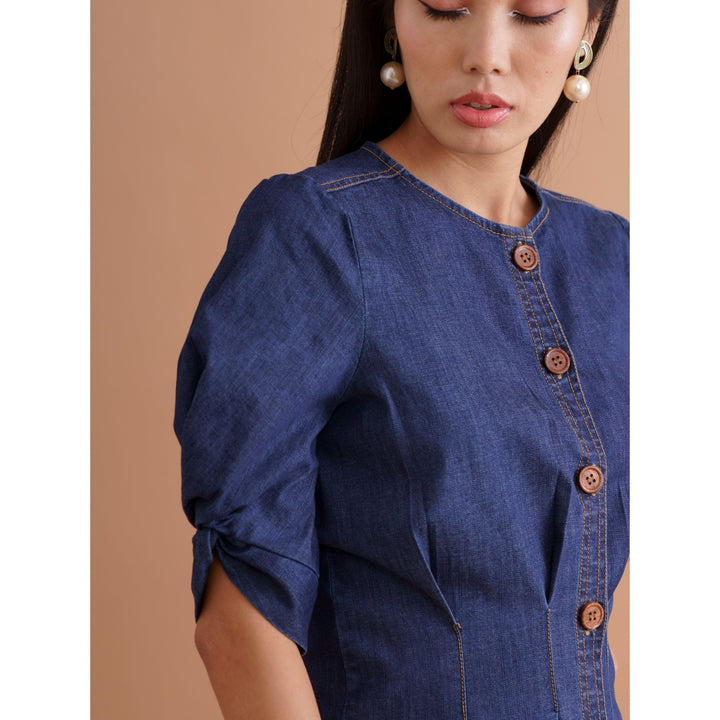 Blue Denim Pleated Dress - ANI CLOTHING