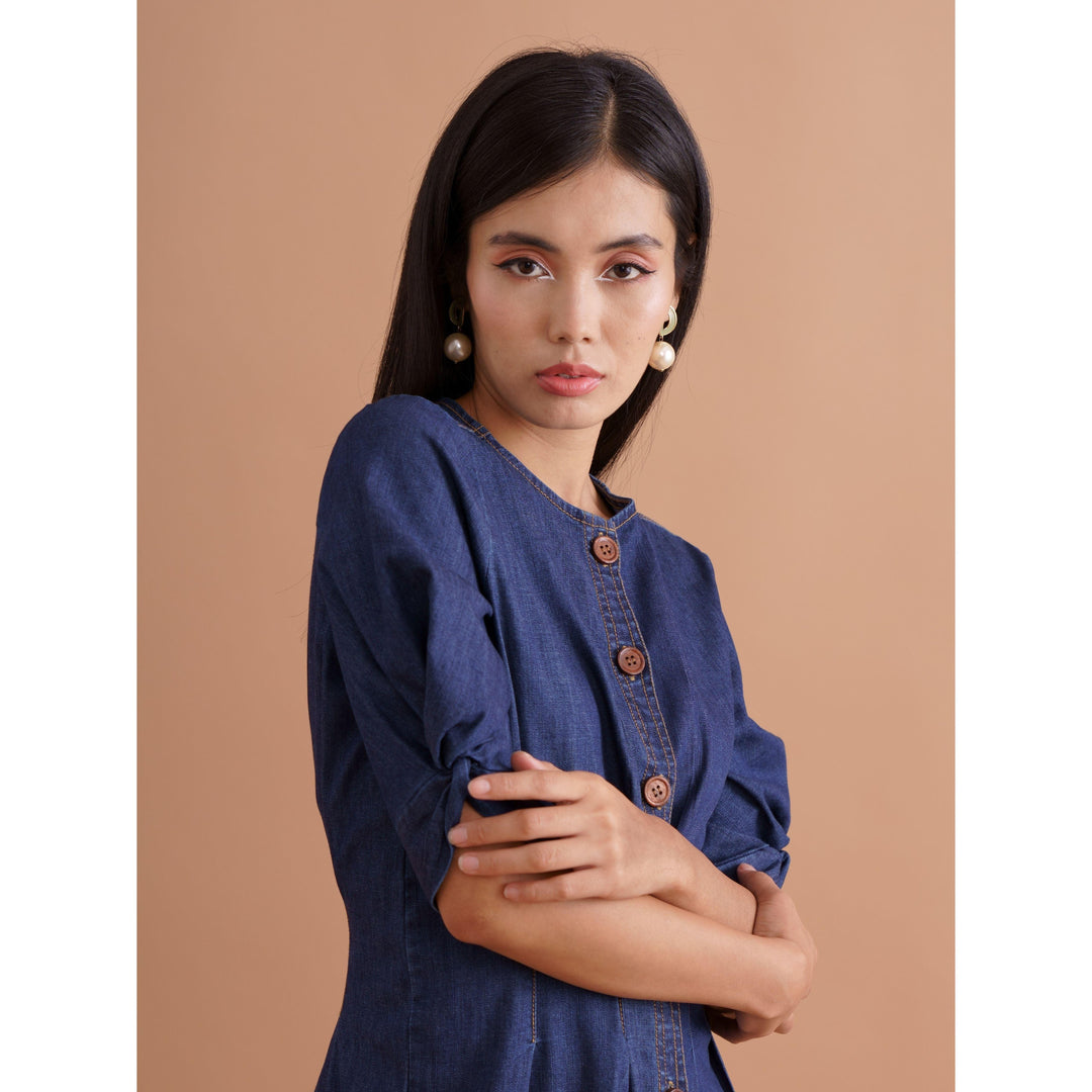 Blue Denim Pleated Dress - ANI CLOTHING