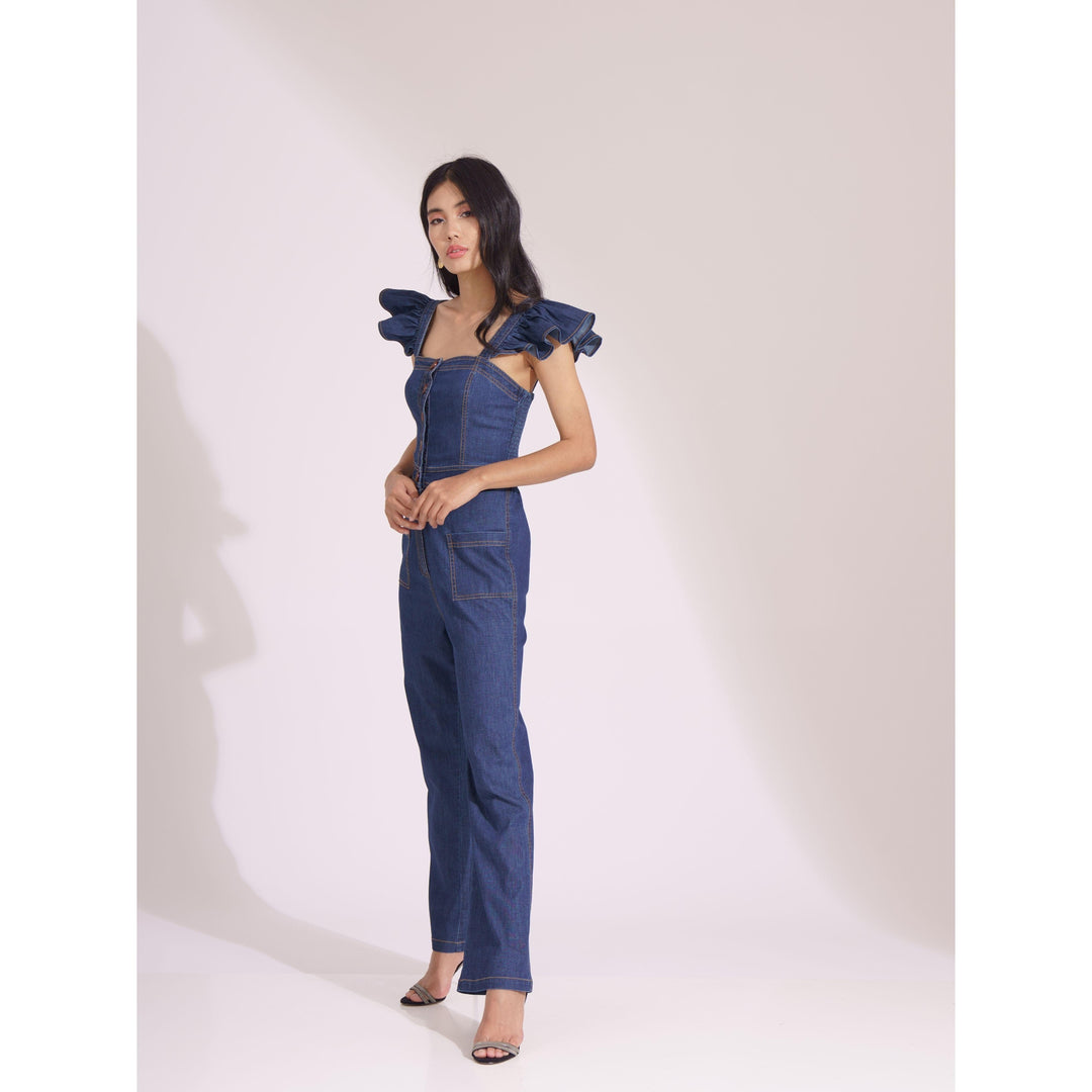 Denim Frill Strap Jumpsuit - ANI CLOTHING