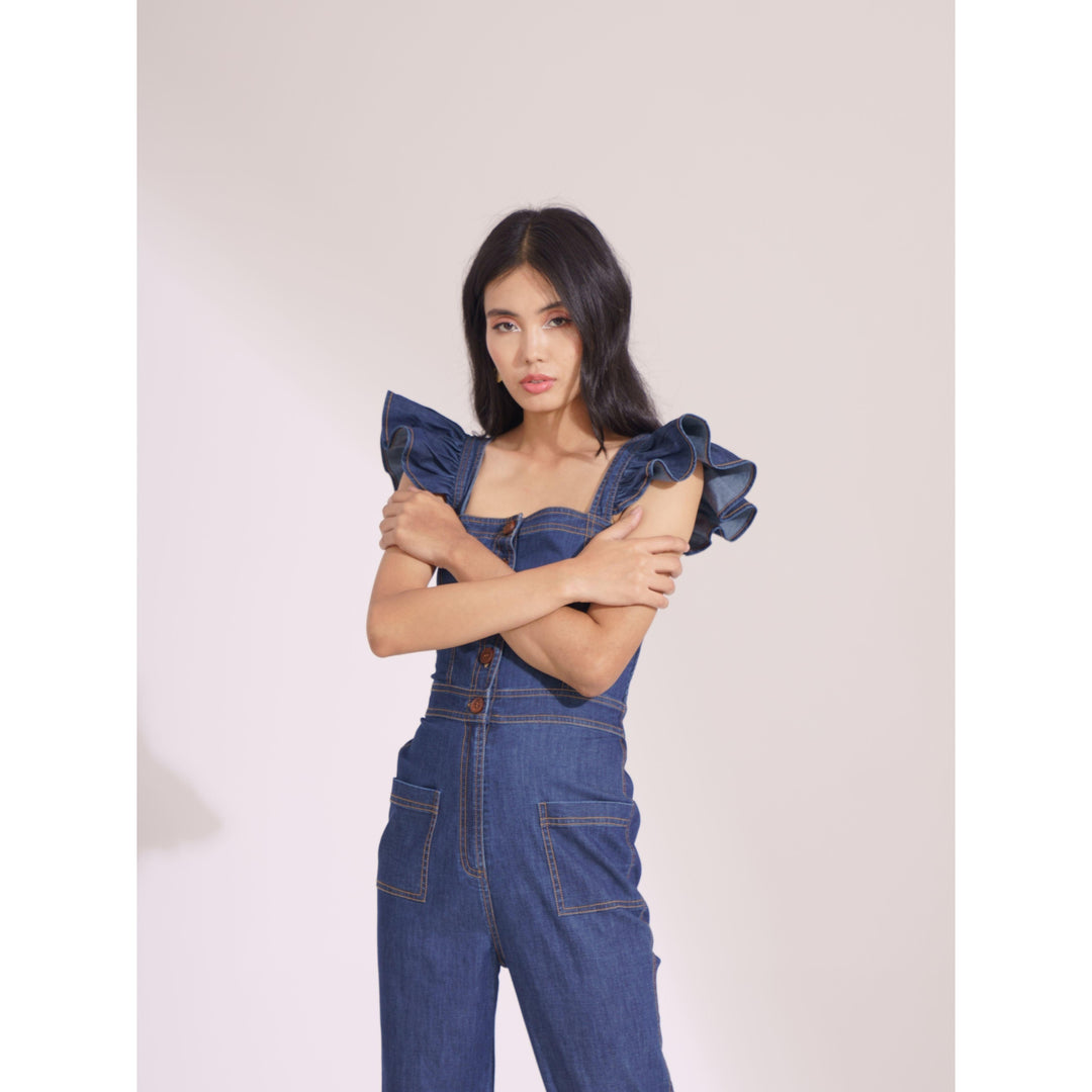 Denim Frill Strap Jumpsuit - ANI CLOTHING