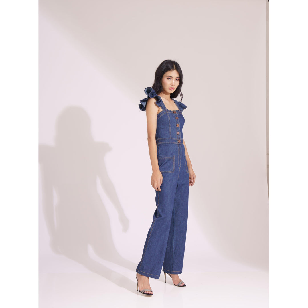 Denim Frill Strap Jumpsuit - ANI CLOTHING