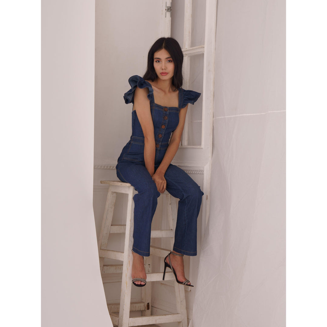 Denim Frill Strap Jumpsuit - ANI CLOTHING