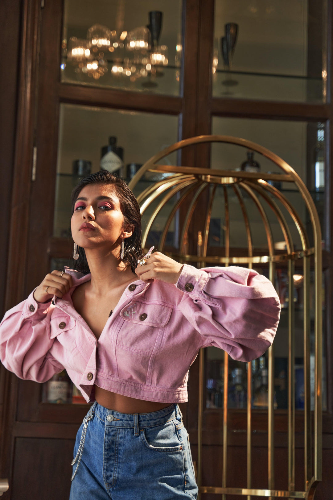 Pink Denim Embellished Jacket - ANI CLOTHING