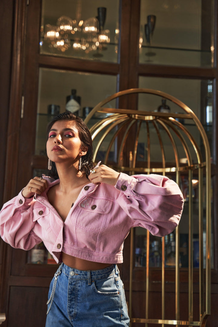 Pink Denim Embellished Jacket - ANI CLOTHING