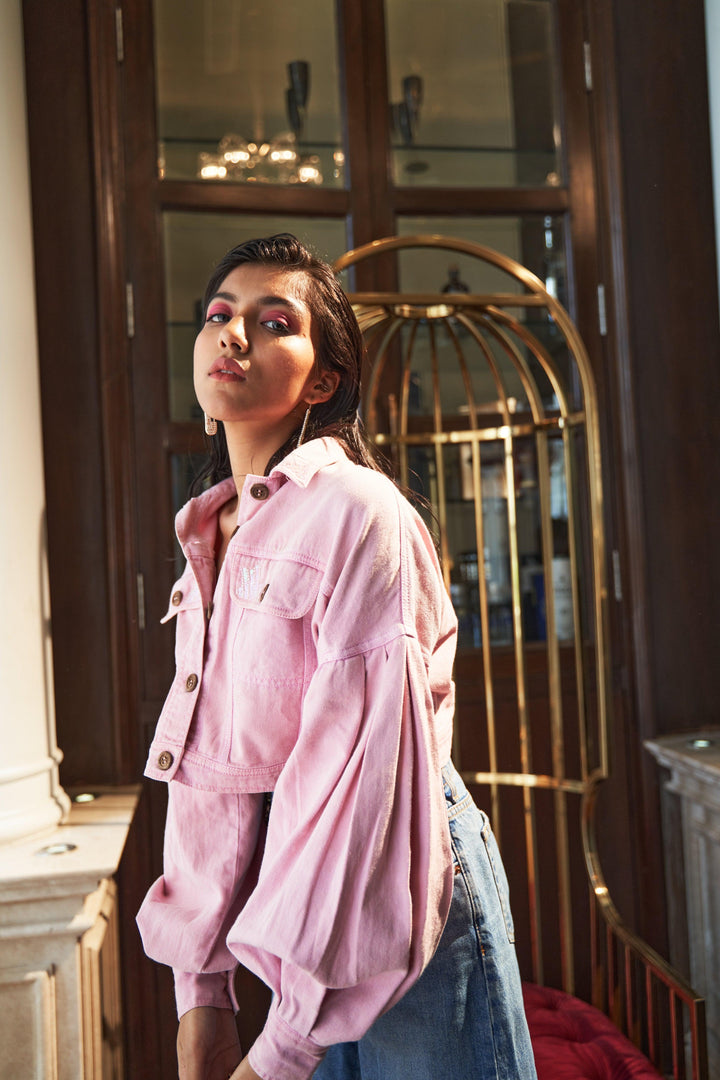Pink Denim Embellished Jacket - ANI CLOTHING