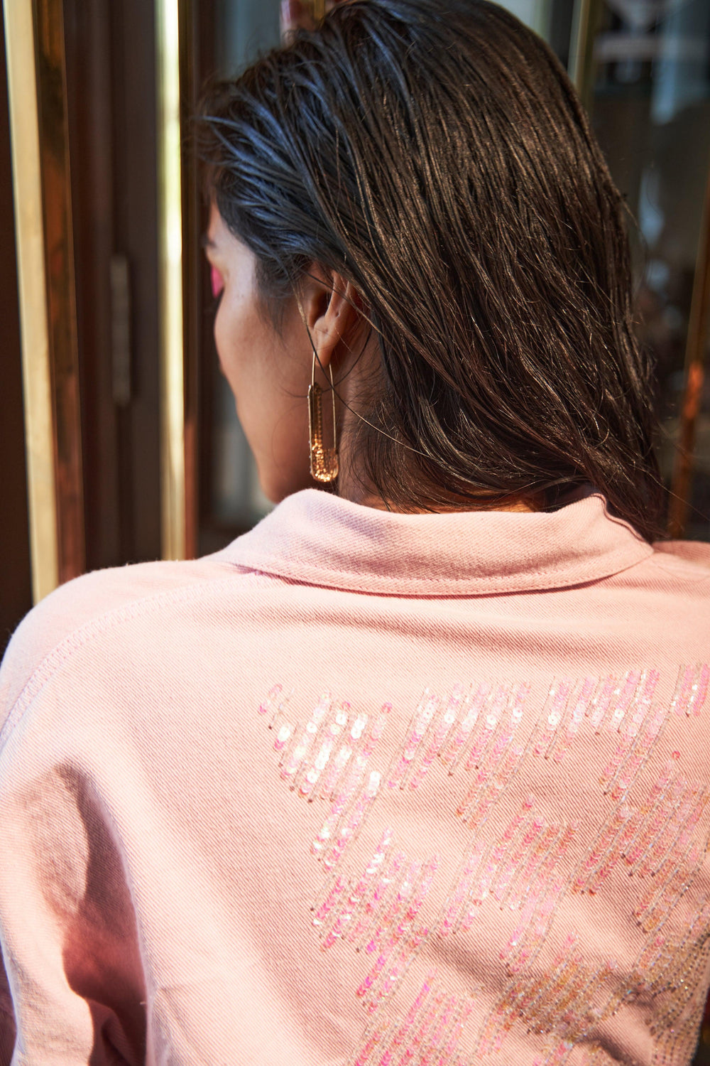 Pink Denim Embellished Jacket - ANI CLOTHING