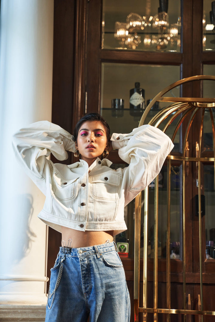 White denim Jacket with contrasting stitch - ANI CLOTHING