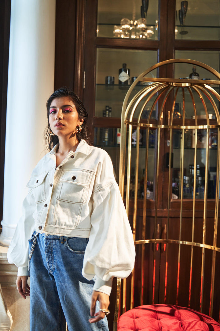 White denim Jacket with contrasting stitch - ANI CLOTHING