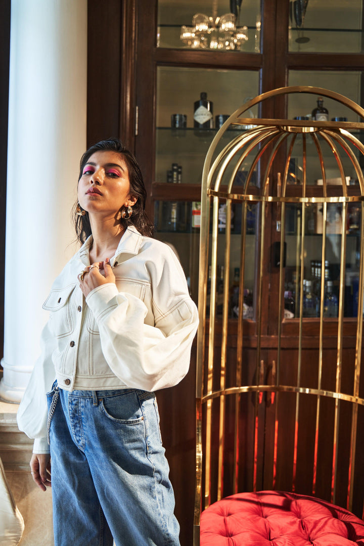 White denim Jacket with contrasting stitch - ANI CLOTHING