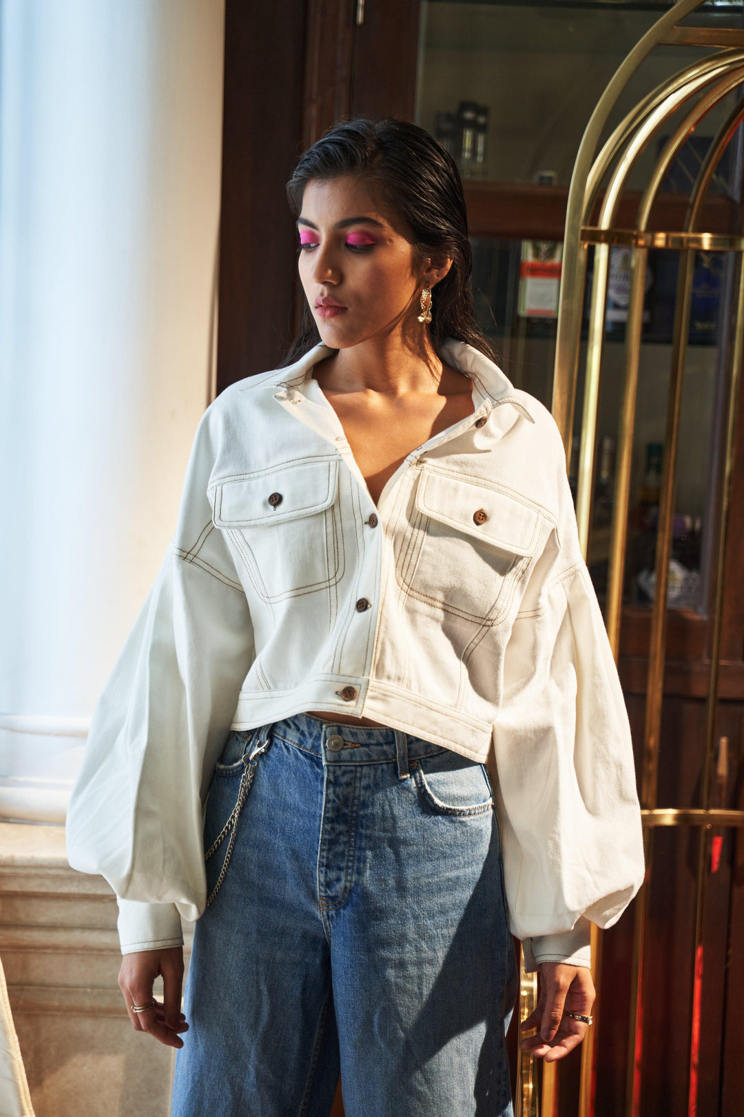 White denim Jacket with contrasting stitch - ANI CLOTHING