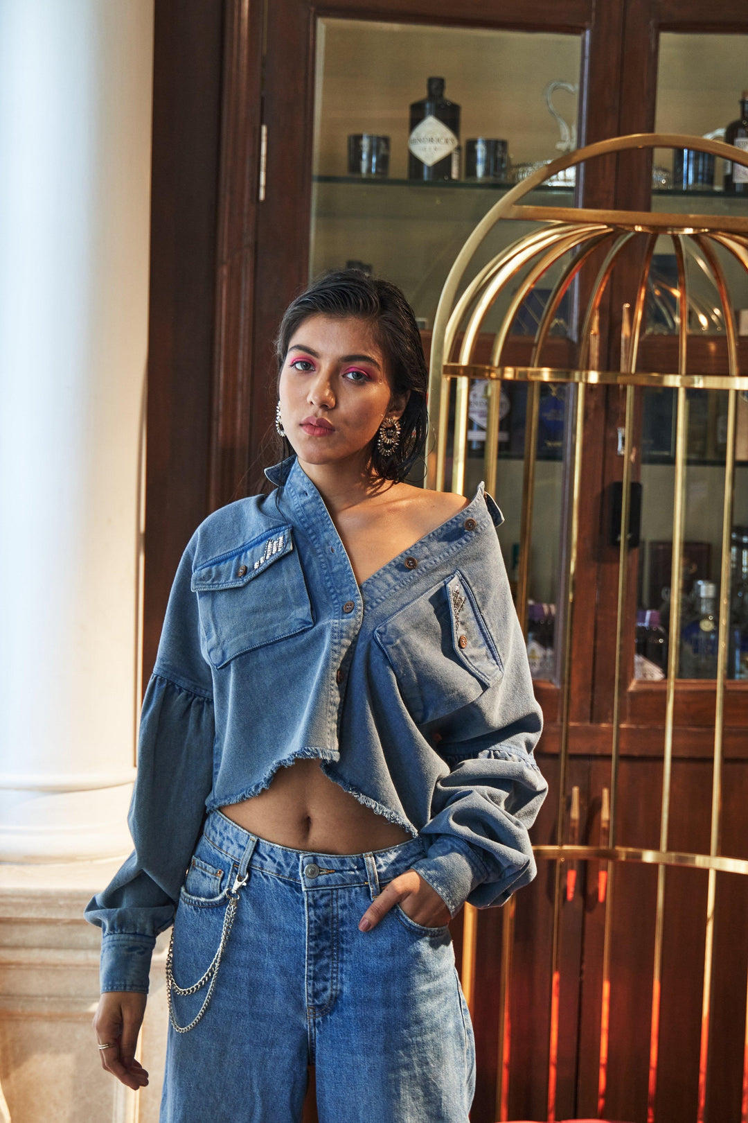 Blue Denim Embellished Jacket - ANI CLOTHING