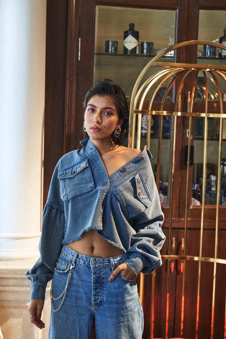 Blue Denim Embellished Jacket - ANI CLOTHING