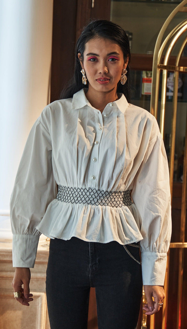 White Cinched Waist Elastic Shirt - ANI CLOTHING