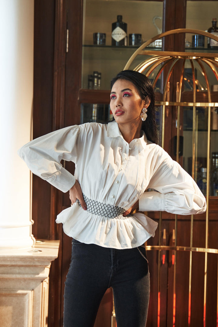 White Cinched Waist Elastic Shirt - ANI CLOTHING