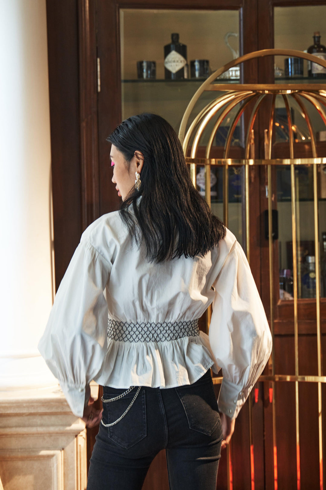 White Cinched Waist Elastic Shirt - ANI CLOTHING