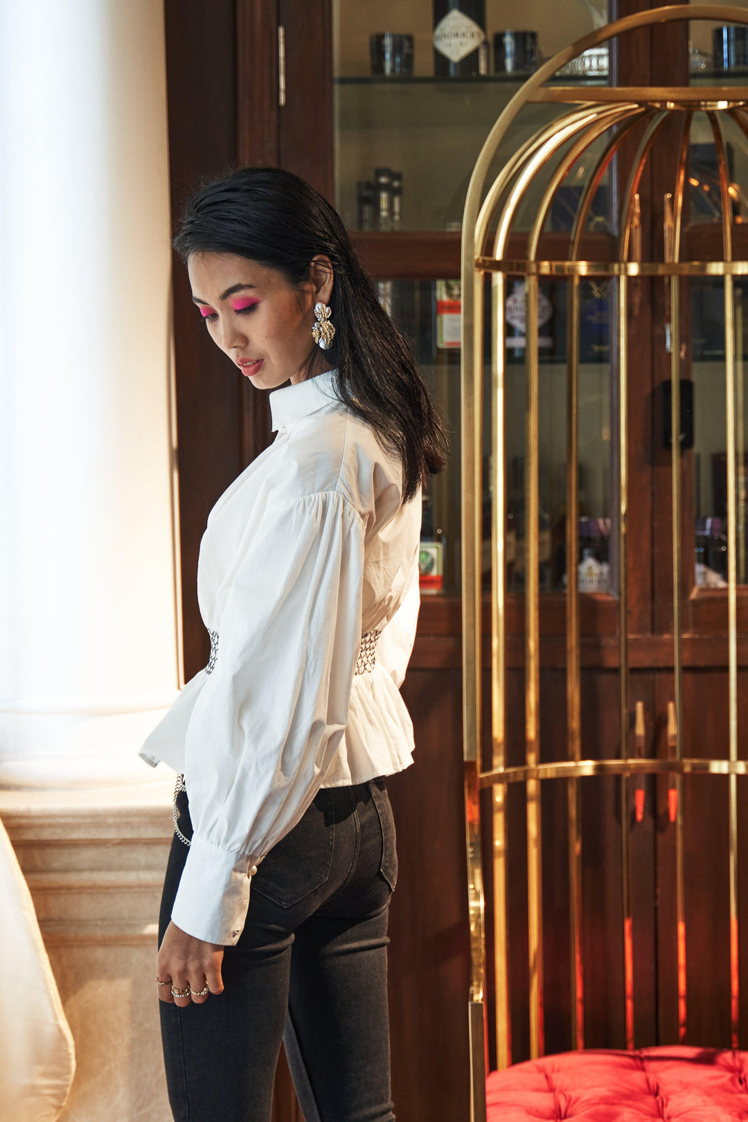 White Cinched Waist Elastic Shirt - ANI CLOTHING