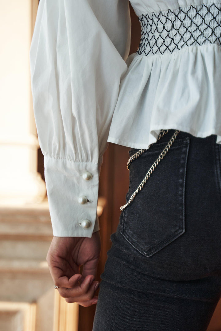 White Cinched Waist Elastic Shirt - ANI CLOTHING