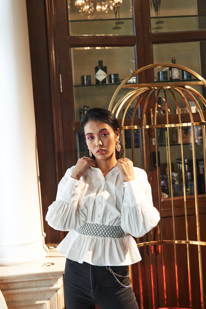 White Cinched Waist Elastic Shirt - ANI CLOTHING