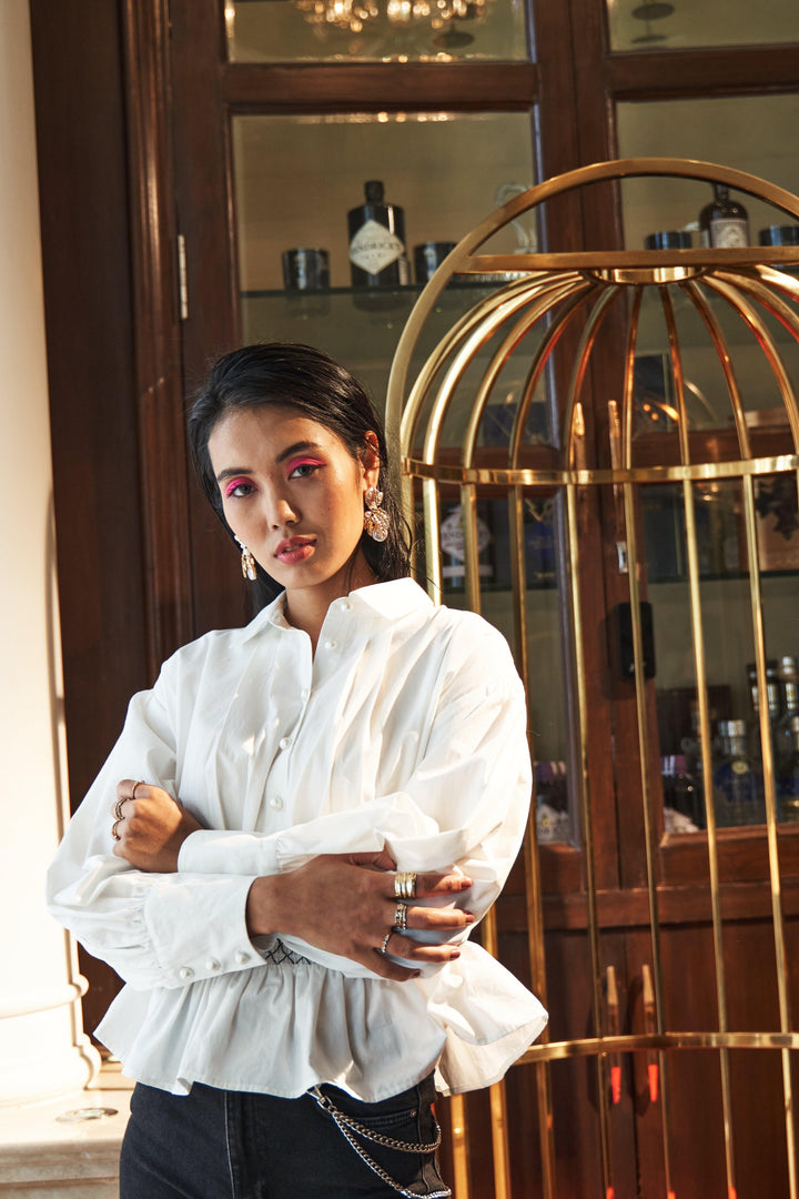 White Cinched Waist Elastic Shirt - ANI CLOTHING