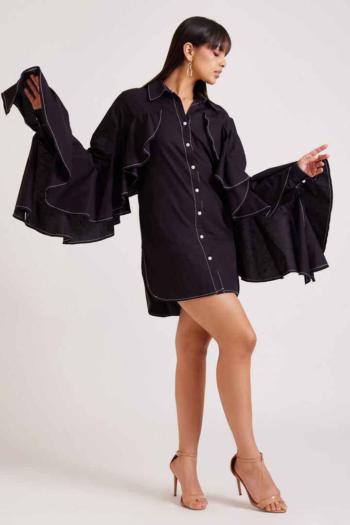 Black Ruffle Shirt Dress with Belt