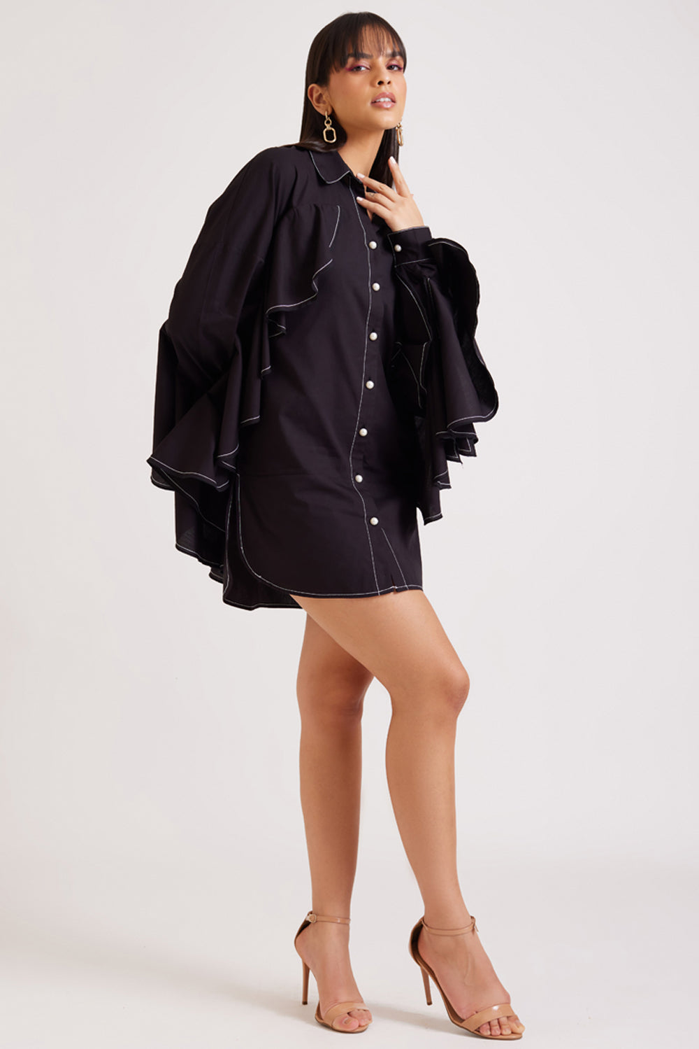 Black Ruffle Shirt Dress with Belt