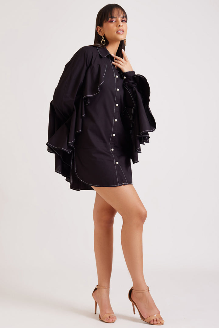 Black Ruffle Shirt Dress with Belt