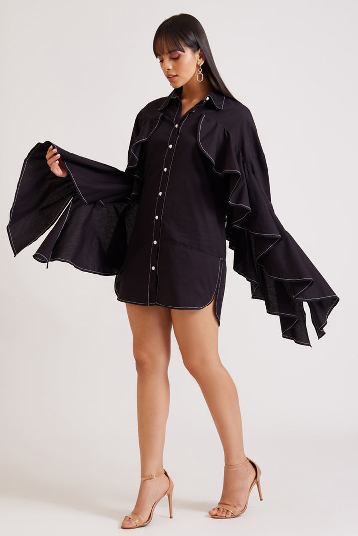 Black Ruffle Shirt Dress with Belt