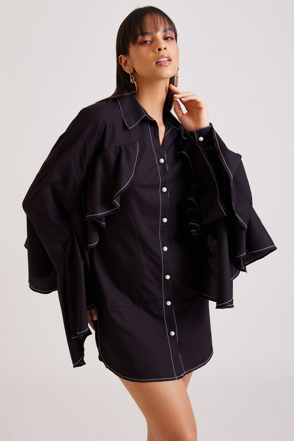 Black Ruffle Shirt Dress with Belt
