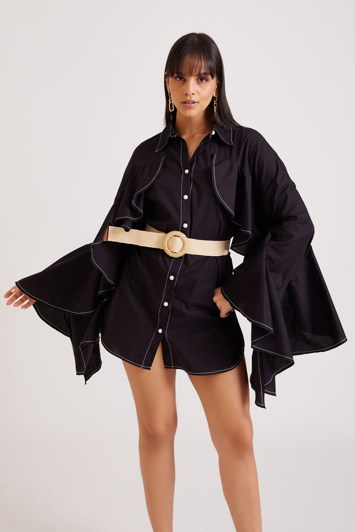 Black Ruffle Shirt Dress with Belt