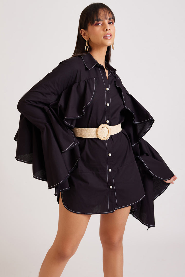 Black Ruffle Shirt Dress with Belt