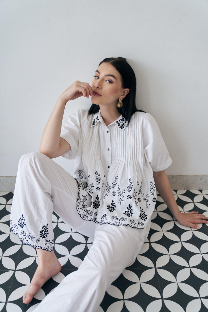 White Embroidered Trousers - ANI CLOTHING
