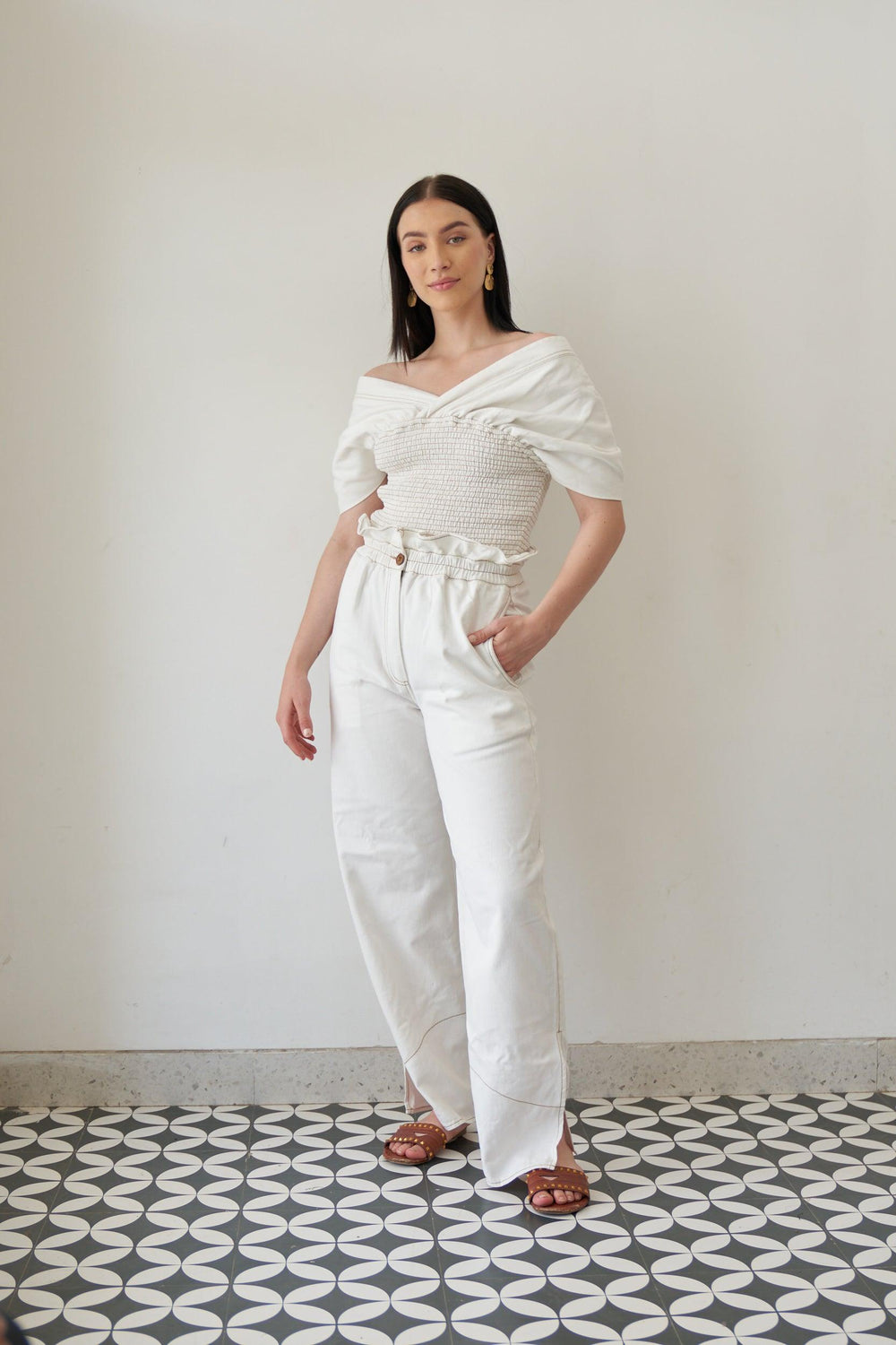 White Denim Pleat Top - ANI CLOTHING