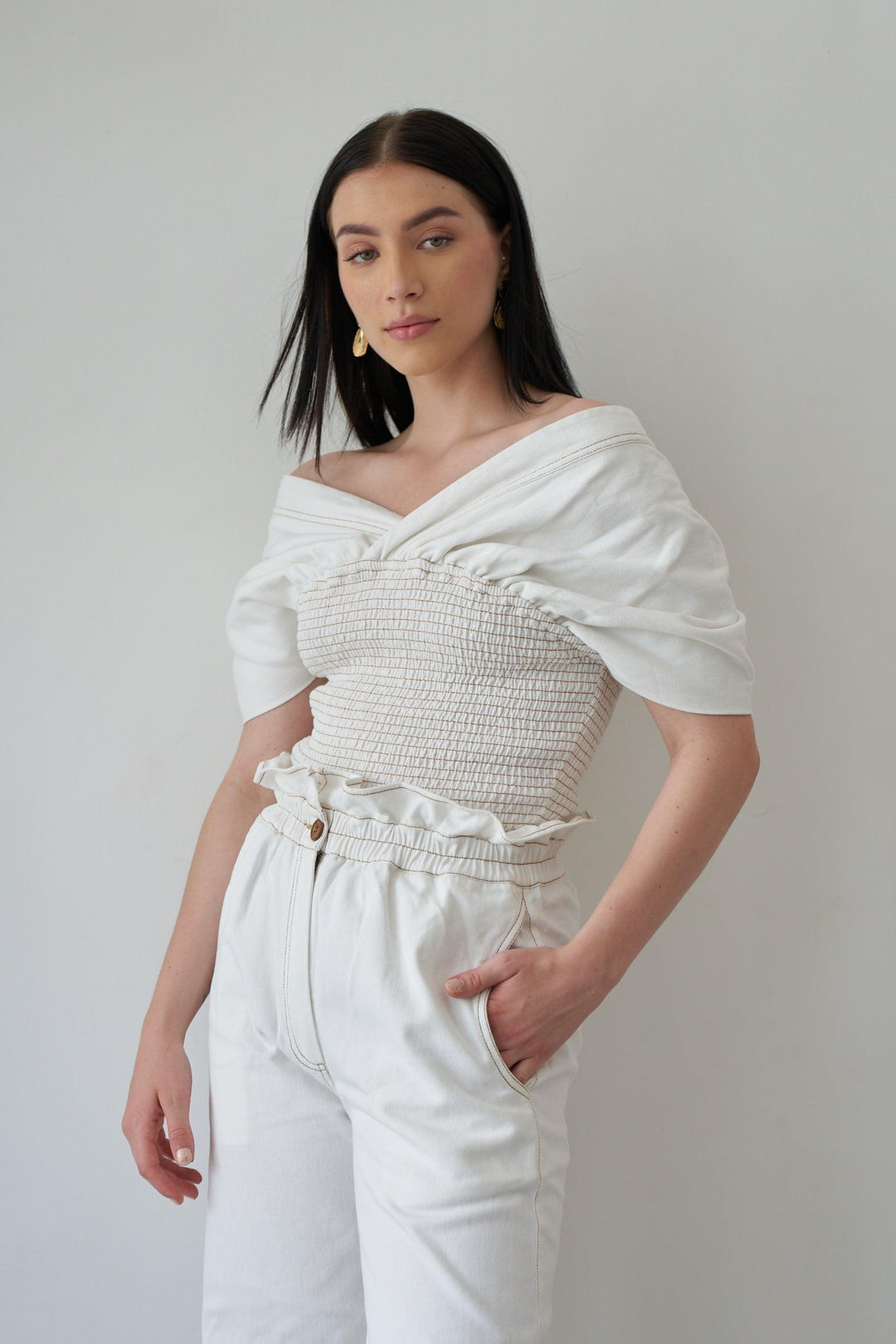 White Denim Pleat Top - ANI CLOTHING