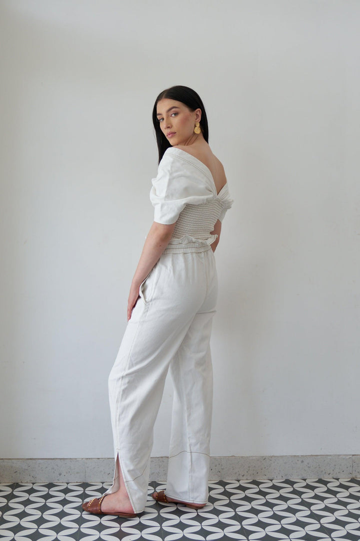 White Denim Pleat Trousers - ANI CLOTHING