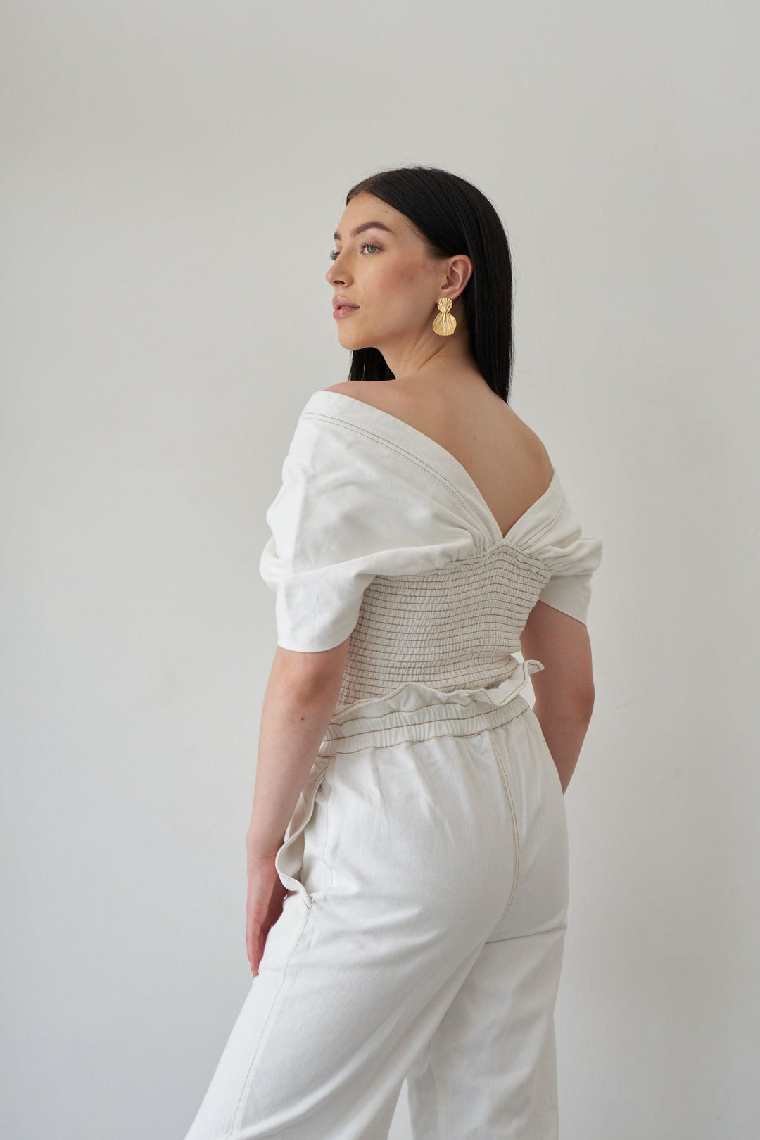 White Denim Pleat Top - ANI CLOTHING