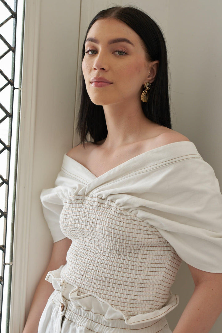 White Denim Pleat Top - ANI CLOTHING