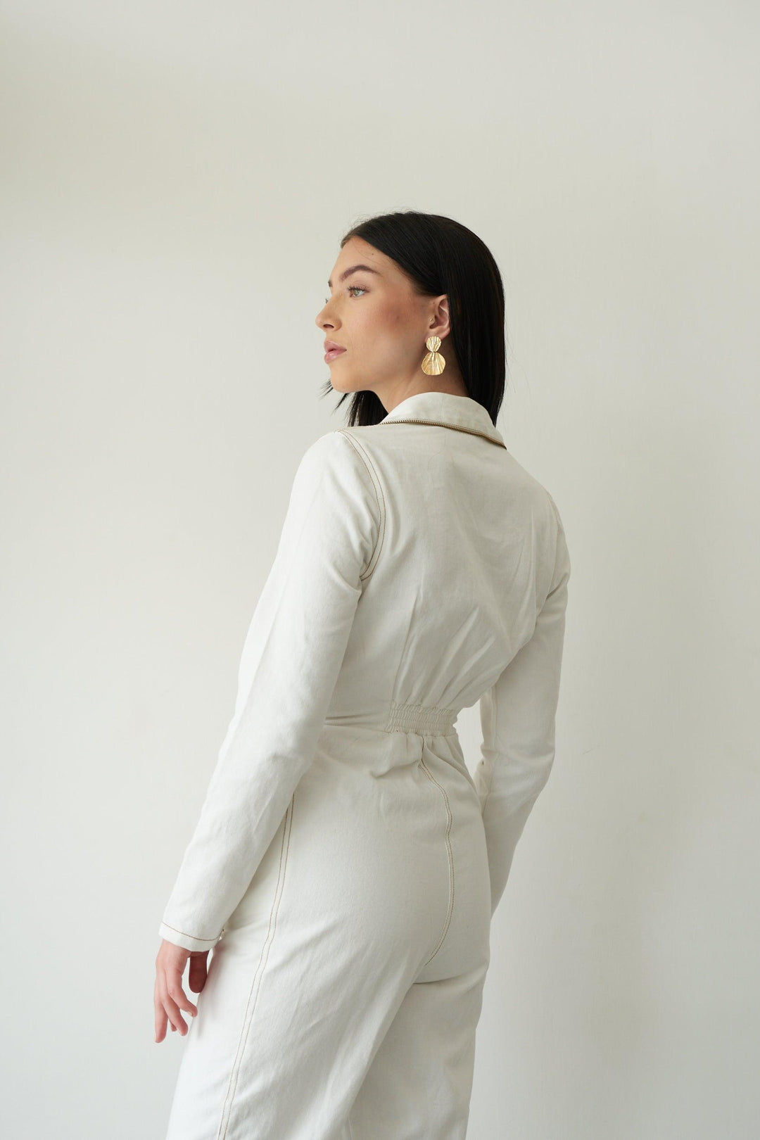 White Lapel Zip Jumpsuit - ANI CLOTHING