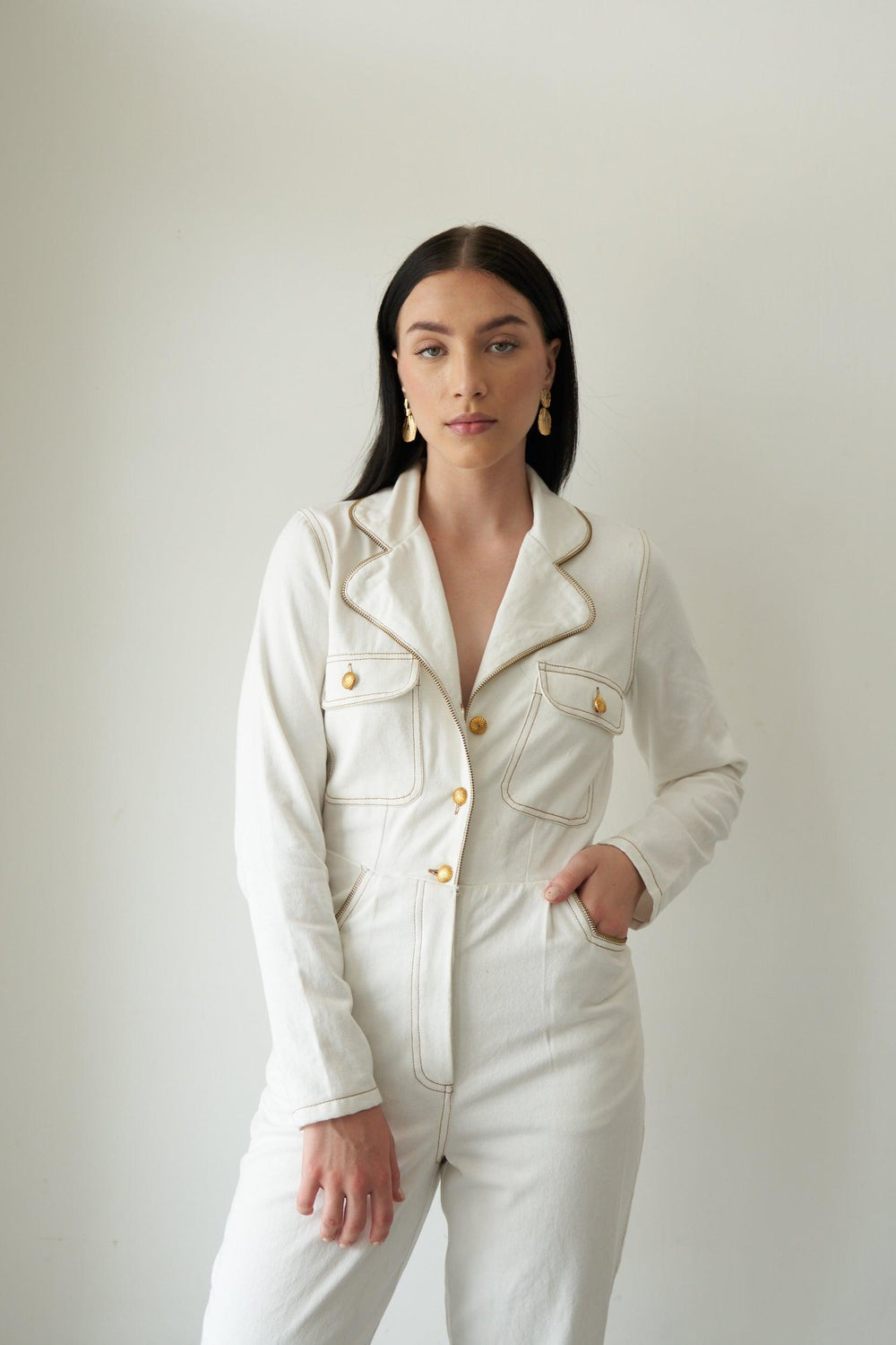 White Lapel Zip Jumpsuit - ANI CLOTHING