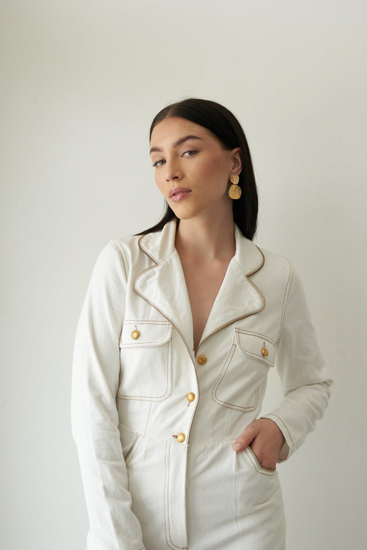 White Lapel Zip Jumpsuit - ANI CLOTHING