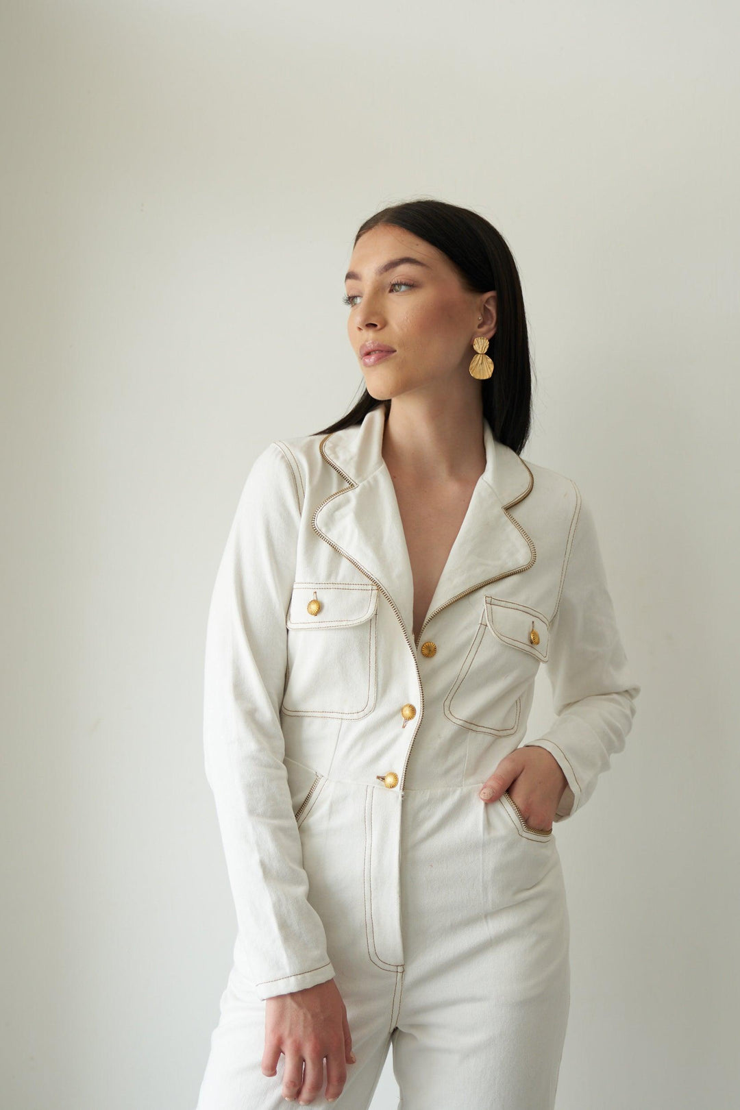 White Lapel Zip Jumpsuit - ANI CLOTHING