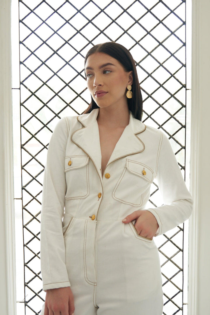 White Lapel Zip Jumpsuit - ANI CLOTHING